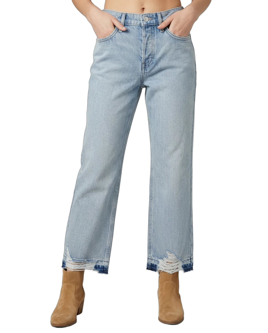 Light blue jeans worn by a person on a white background