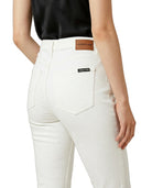 White jeans with a brand label on a white background
