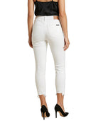 Person wearing white pants and black top on a white background