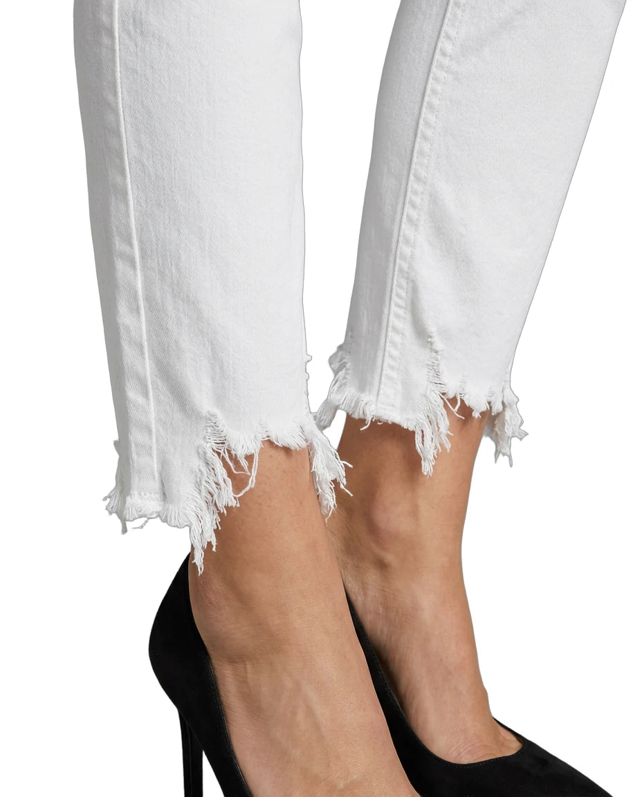 Women's White Calvin Klein Jeans Distressed High-Rise Skinny Jeans show the rough hem