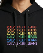 close up of the logo on a black Calvin Klein hoodie with colorful text design on a white background