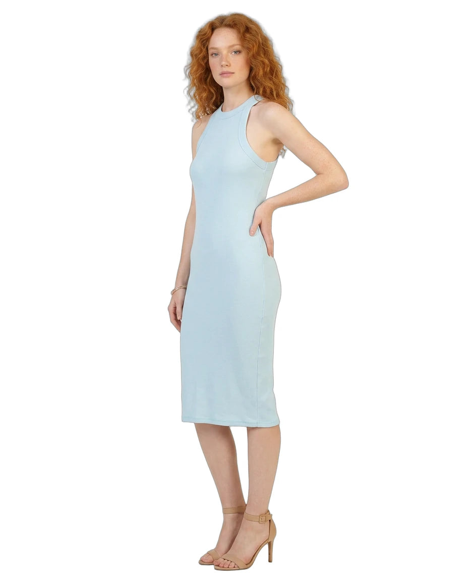 Woman wearing a light blue sleeveless Calvin Klein dress on a white background