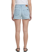 Light blue denim Calvin Klein shorts worn by a person on a white background