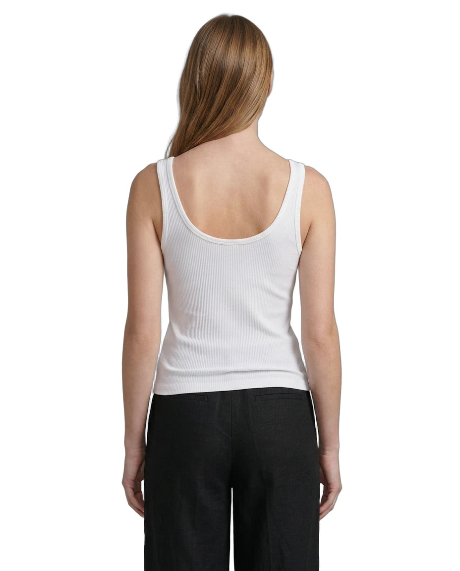 Person wearing a white Calvin Klein tank top and black pants on a white background