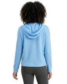 Person wearing a light blue hoodie from behind on a white background