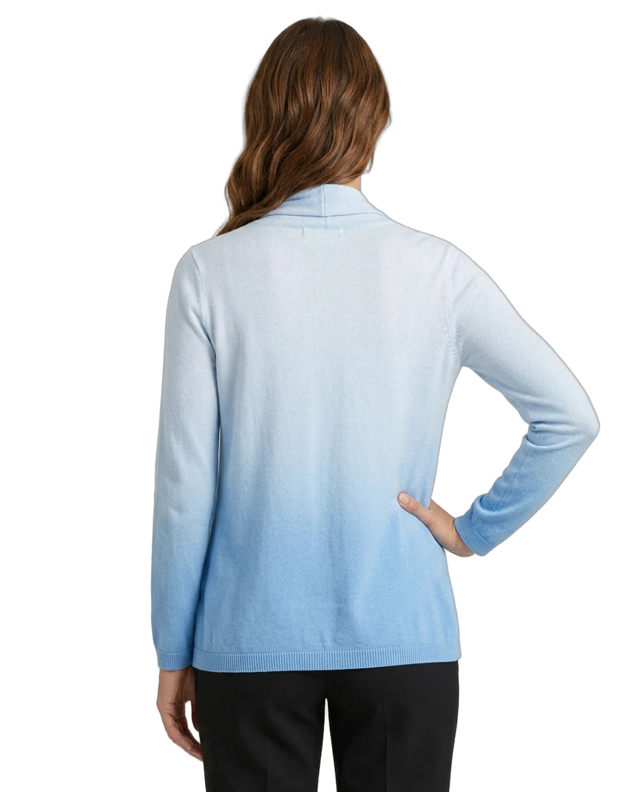 Woman wearing a light blue sweater on a white background