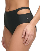 Black high-waisted bikini bottom with cutout design on a white background