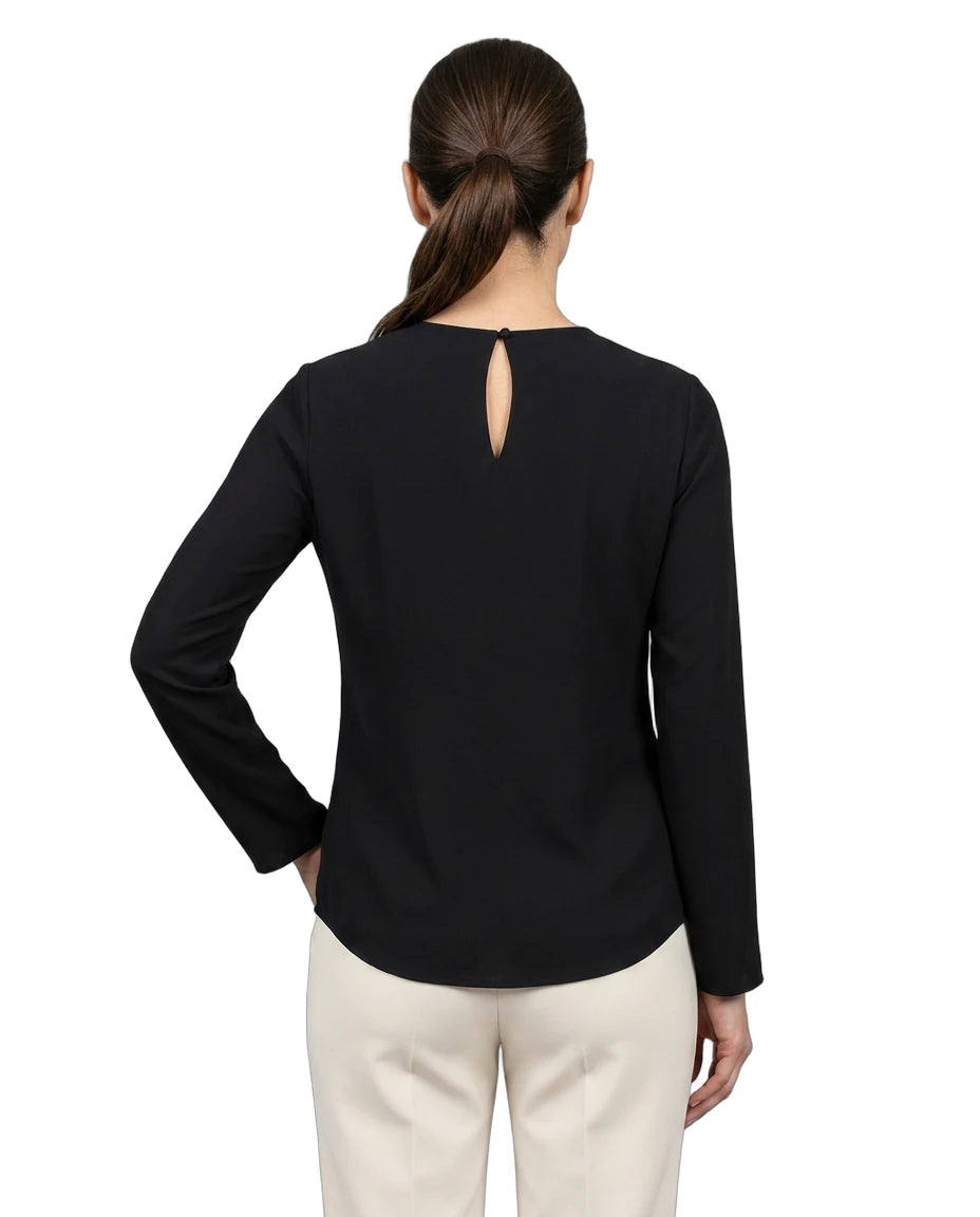 Woman wearing a black long-sleeve top with a cutout back design on a white background
