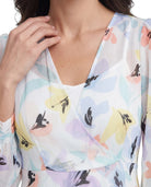 Close-up of a floral-patterned Calvin Klein dress with a blurred background