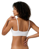 Woman wearing a Calvin Klein bralette on a white background