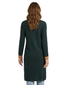 Women wearing a Calvin Klein green Open-Front Long Cardigan with a white background seen from the back