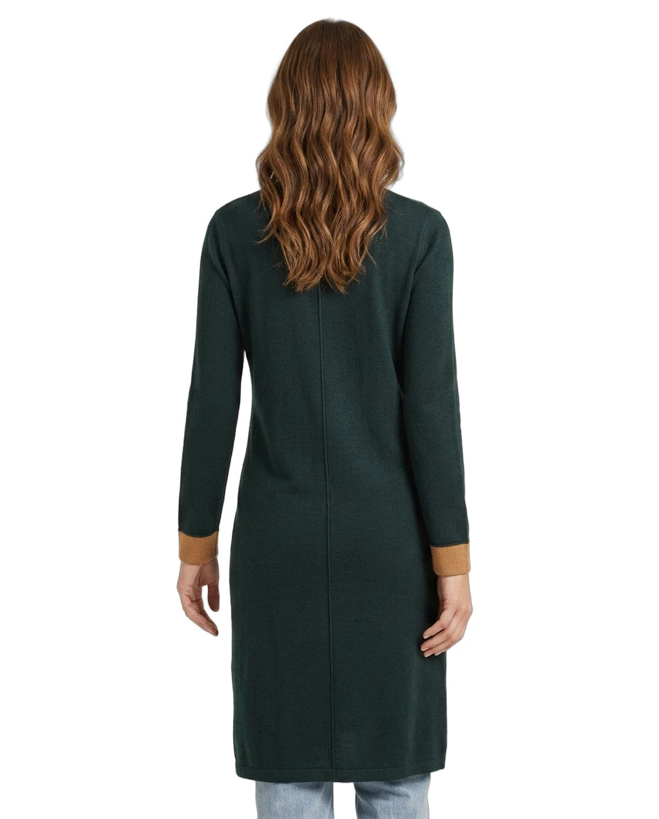 Women wearing a Calvin Klein green Open-Front Long Cardigan with a white background seen from the back
