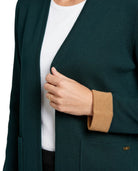 close up of a women wearing a Calvin Klein green Open-Front Long Cardigan with a white background