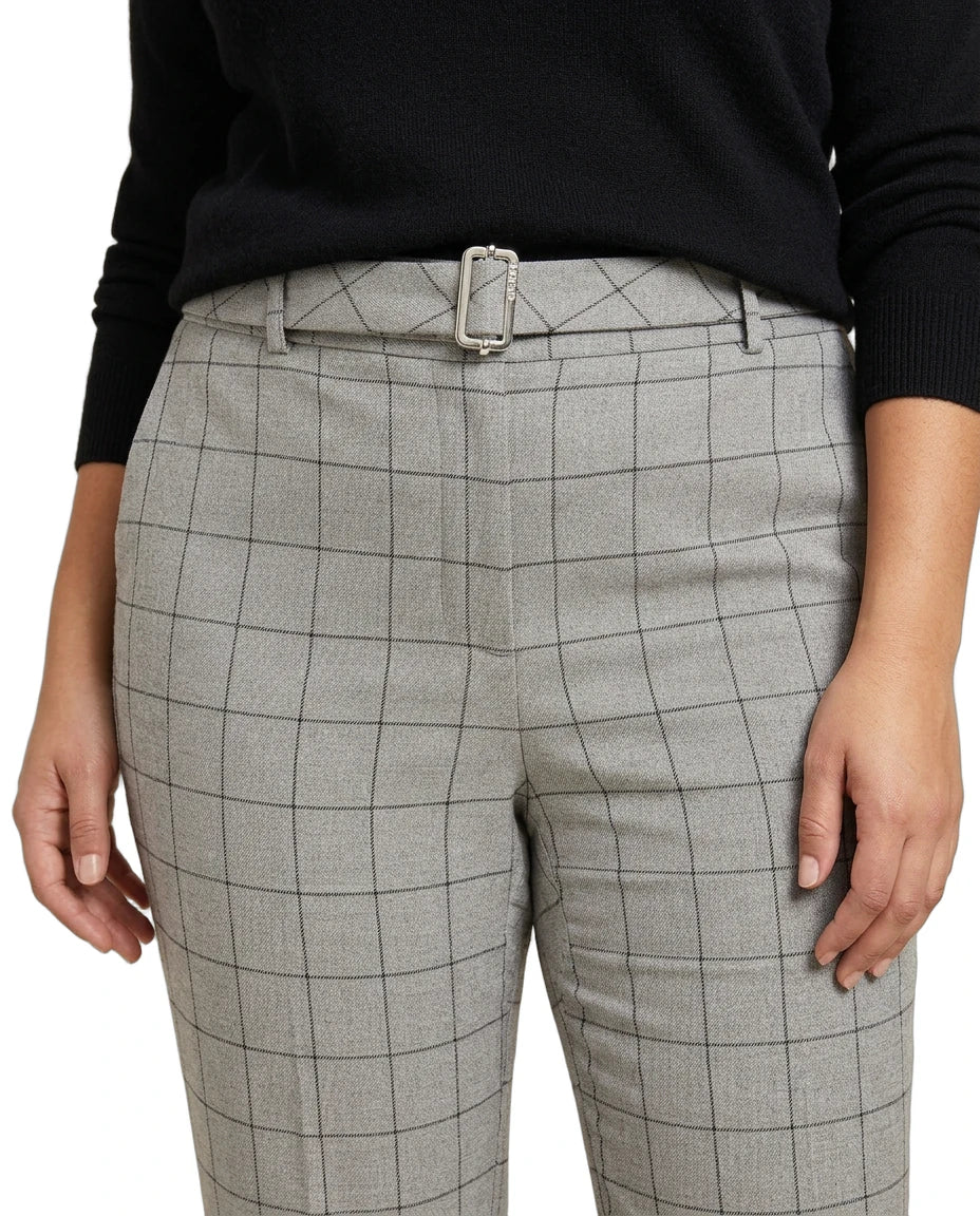 Gray Calvin Klein checkered pants with a belt on a white background