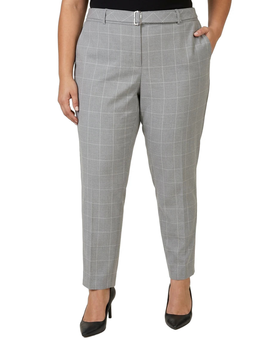 Calvin Klein gray checkered pants worn by a person on a white background