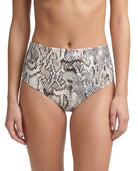 Calvin Klein snakeskin-patterned high-waisted bikini bottom on a white background