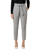 Gray checkered Calin Klein pants with a tie waist on a white background