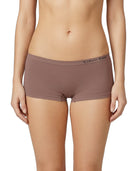 Brown Calvin Klein boyshort underwear on a white background