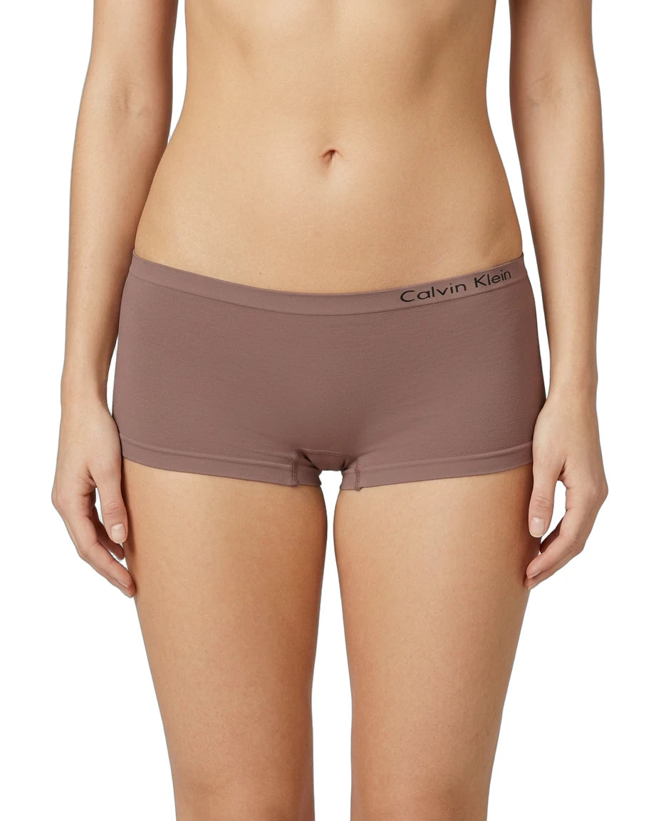 Brown Calvin Klein boyshort underwear on a white background