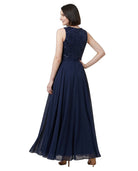 Navy blue Calvin Klein evening gown with lace top on a white background