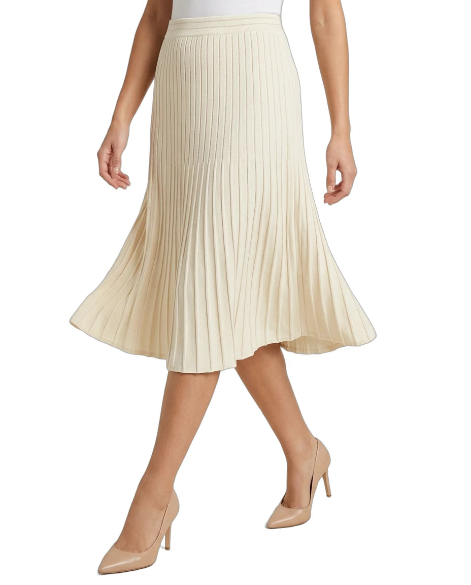 Woman wearing a beige pleated Calvin Klein skirt on a white background