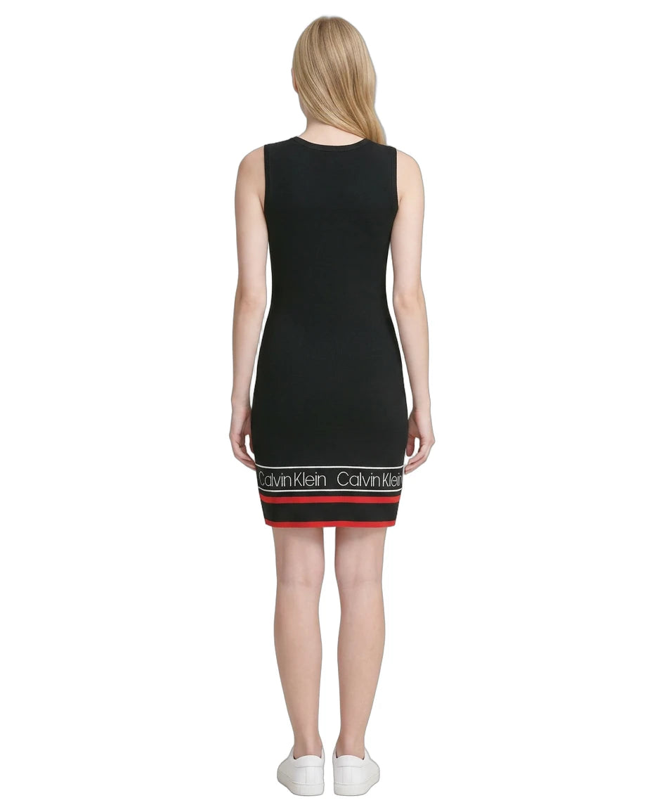 Black dress with Calvin Klein logo on a white background