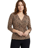 Woman wearing a leopard print blouse on a white background