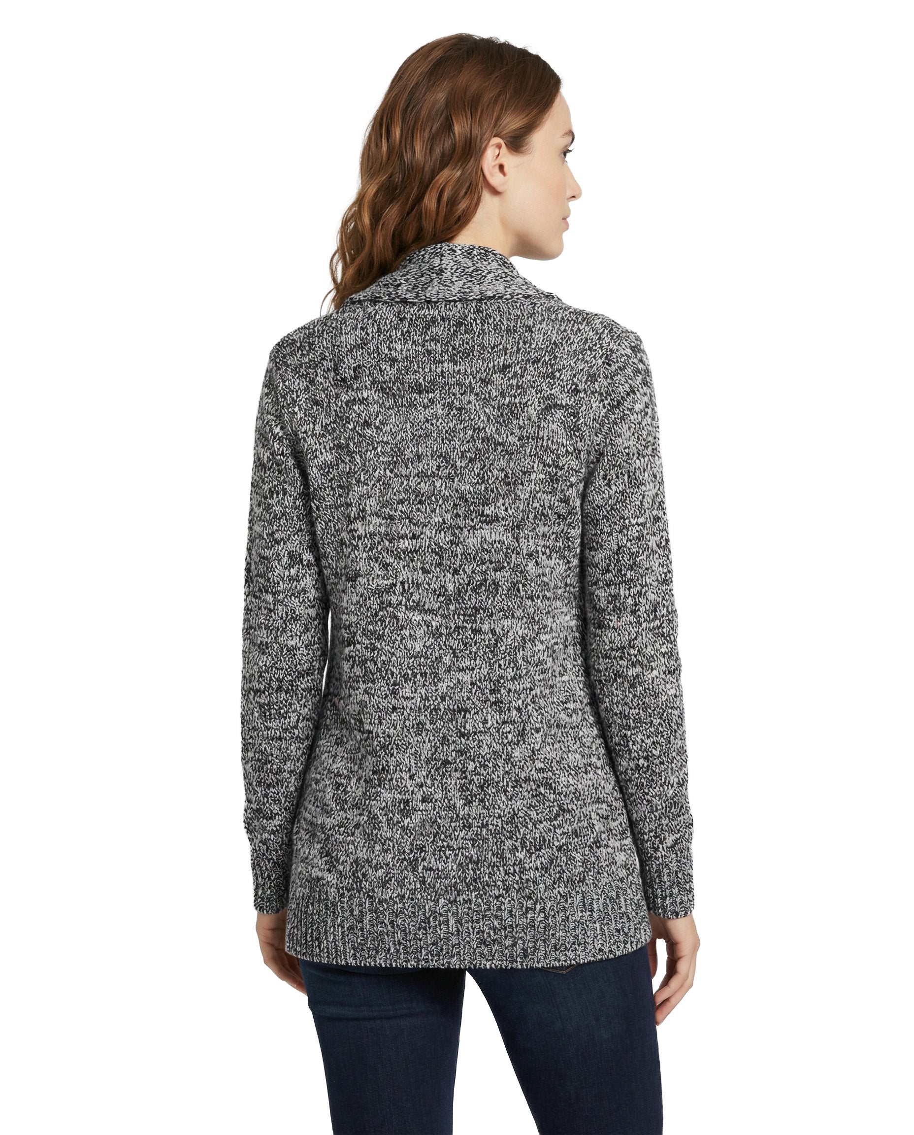 Woman wearing a gray marled cardigan on a white background