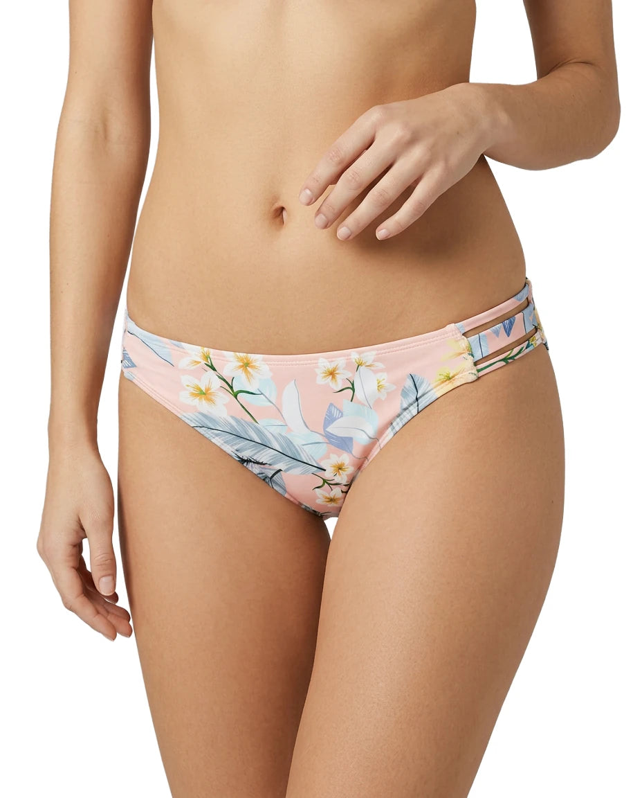 Floral-patterned bikini bottom worn by a person on a white background