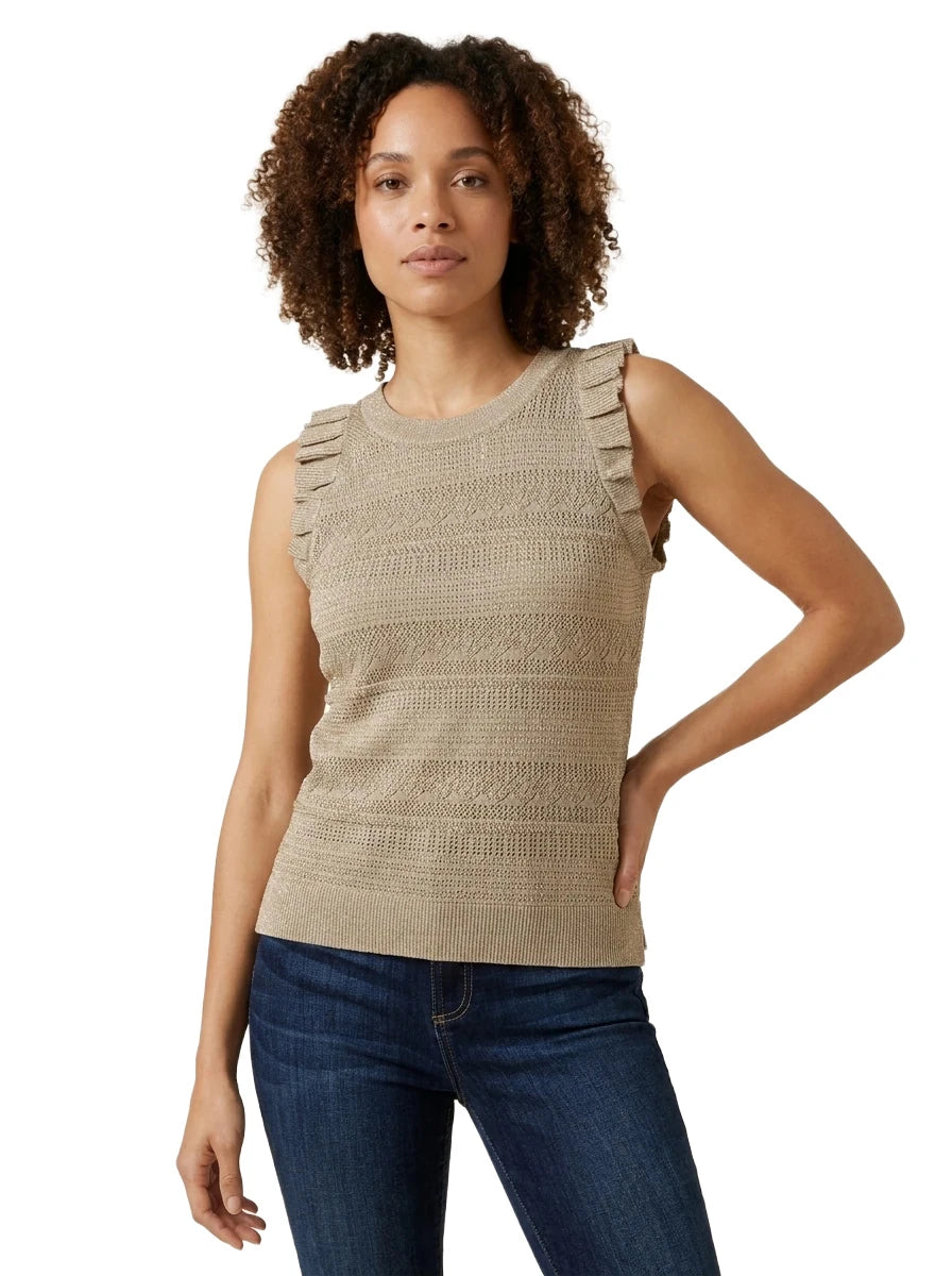 Front view of a woman modeling the INC International Concepts neutral beige sleeveless knit sweater featuring pleated shoulder ruffle trim and a crew neck.