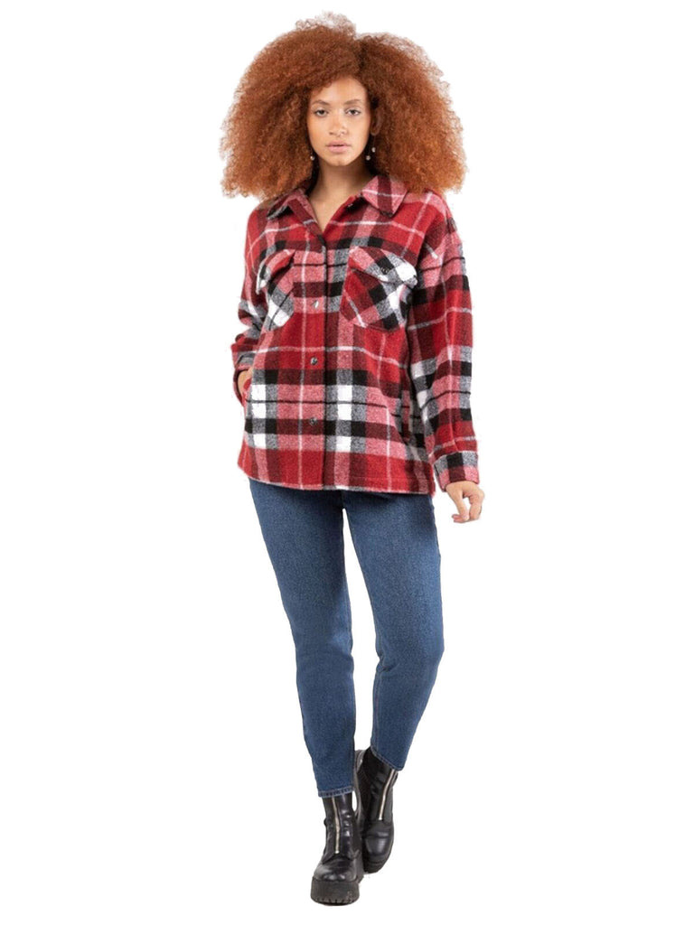 Black Tape Women Plus Plaid Overcoat Red Black Cream Plaid