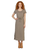 Woman wearing a brown dress with a white background