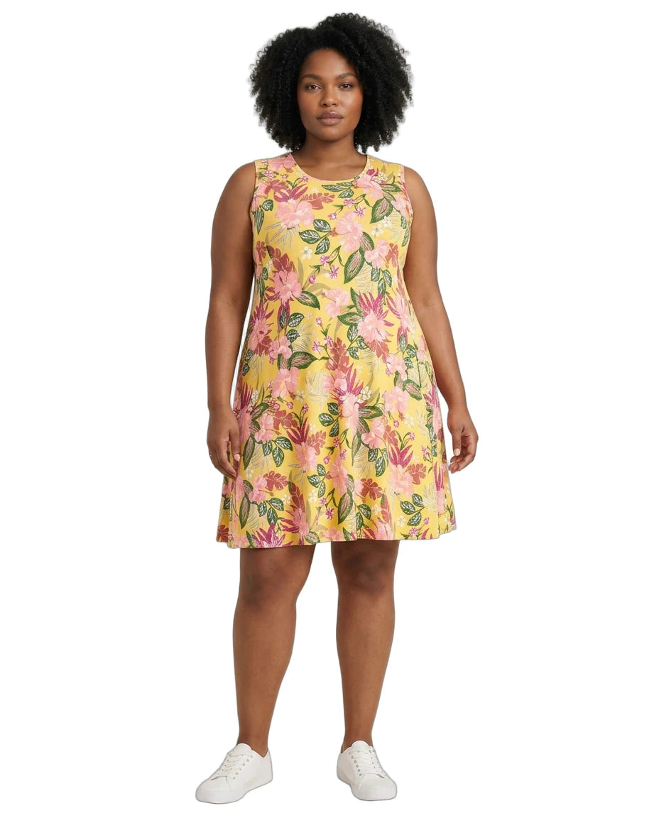 Woman wearing a floral dress on a white background