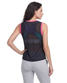 A woman shown from the back wearing a sleeveless athletic top with a sheer mesh back panel and a large SUPER'SUP logo across the center, paired with light gray sweatpants on a white studio background.