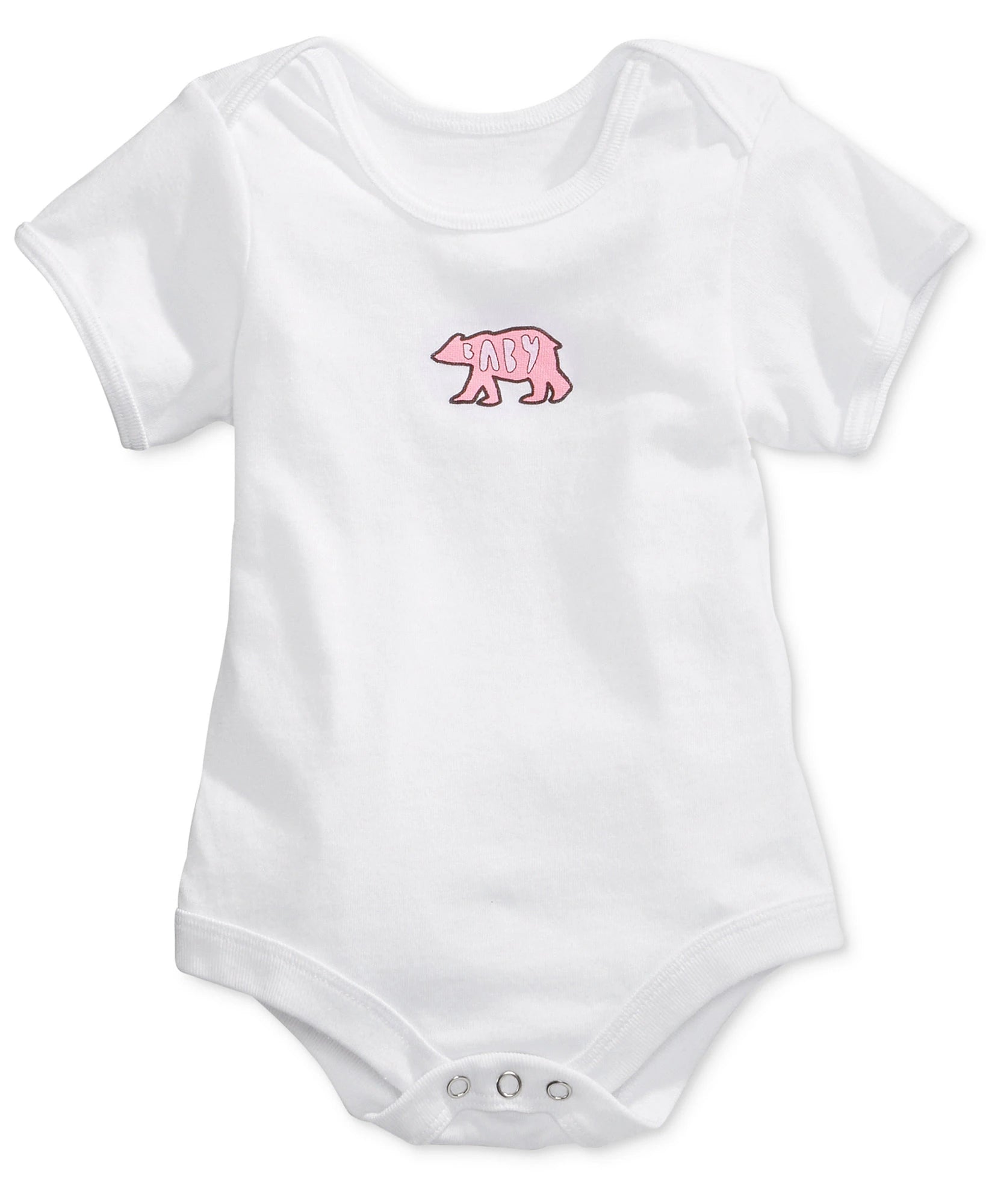 A white short-sleeve baby bodysuit with a small pink polar bear graphic on the chest containing the word 'LOVE'.