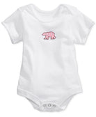A white short-sleeve baby bodysuit with a small pink polar bear graphic on the chest containing the word 'LOVE'.