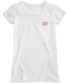 A white short-sleeve crewneck t-shirt featuring a small pink polar bear graphic on the left chest, displayed against a clean white background.