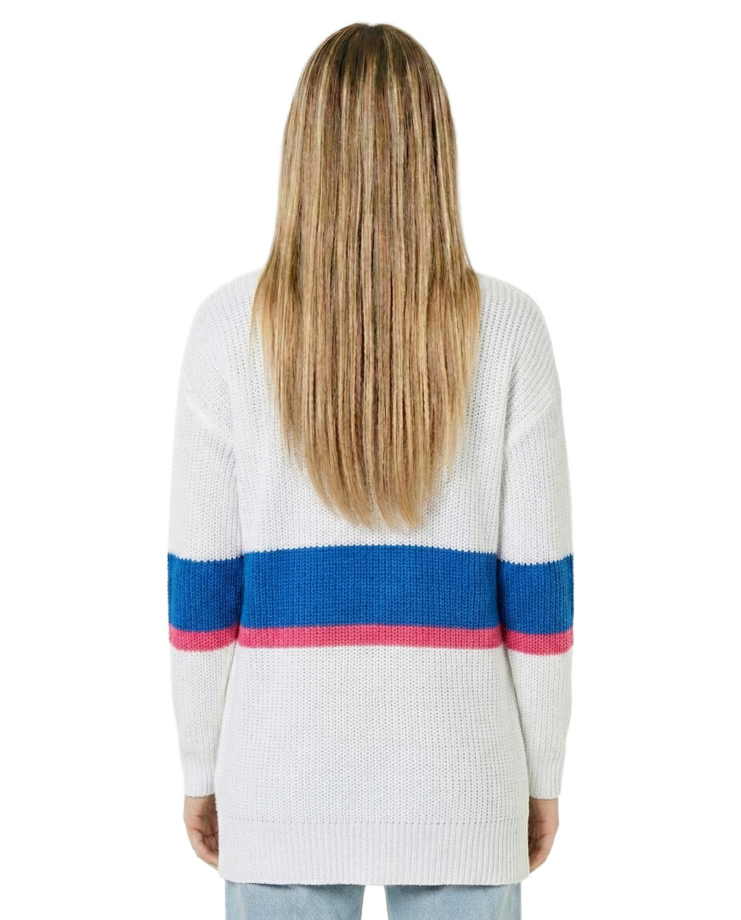 Person wearing a white sweater with blue and pink stripes from behind on a white background