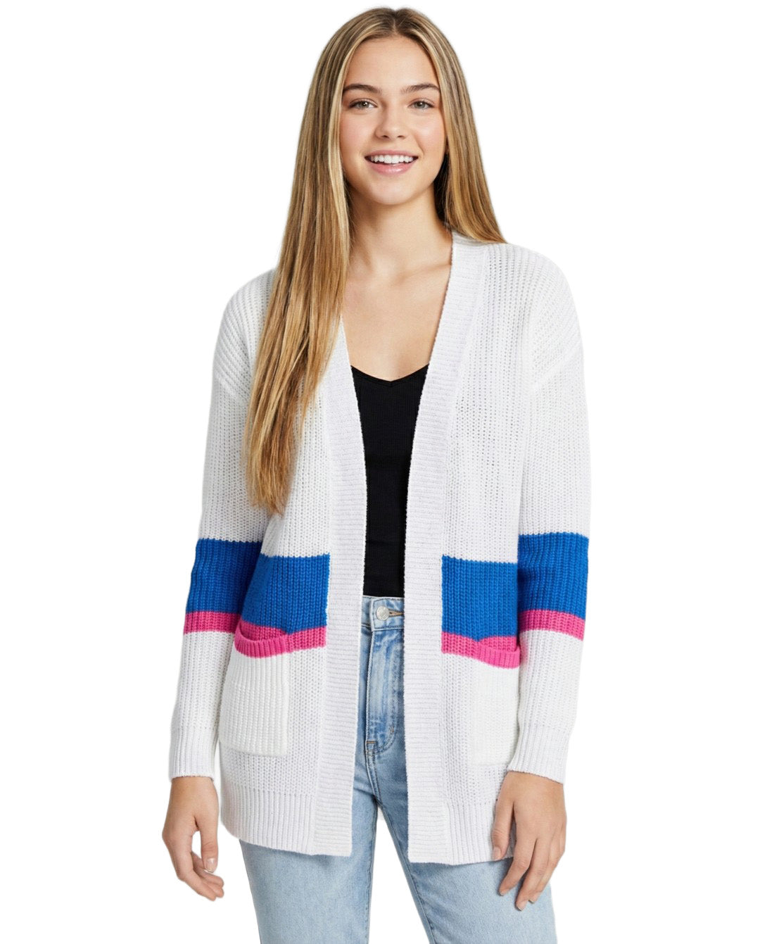 Woman wearing a white cardigan with blue and pink accents on a white background