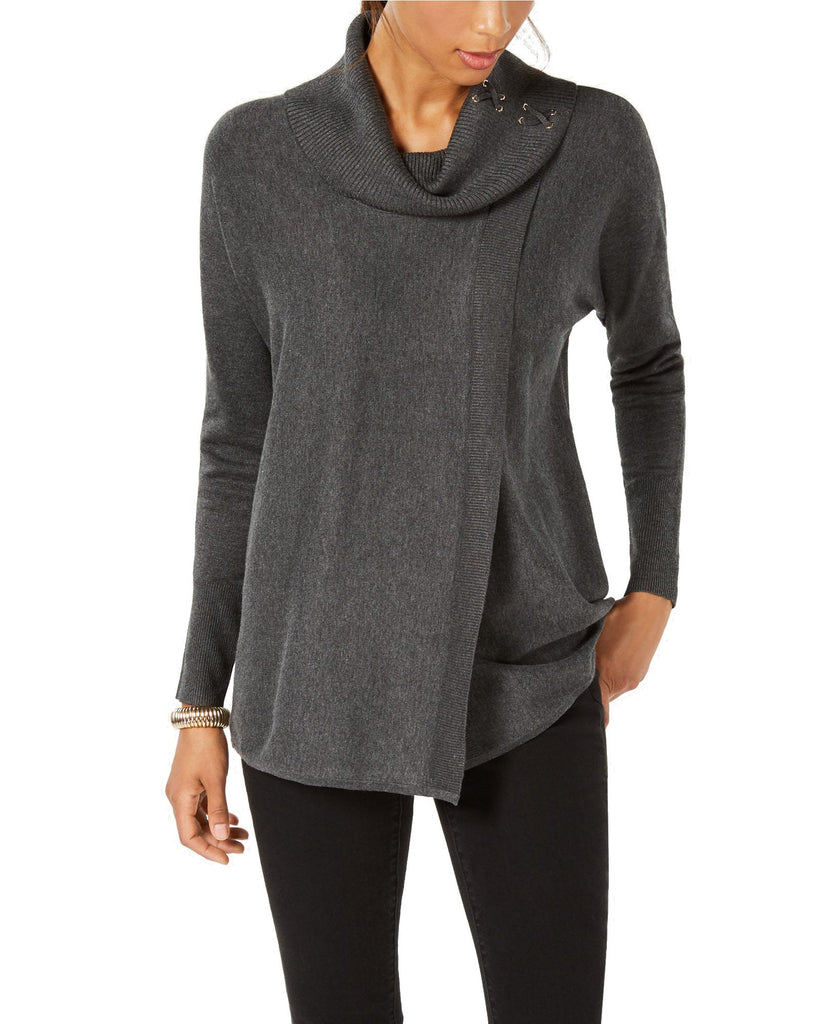 JM Collection Women Faux Wrap Cowl Neck Sweater Charcoal Heather