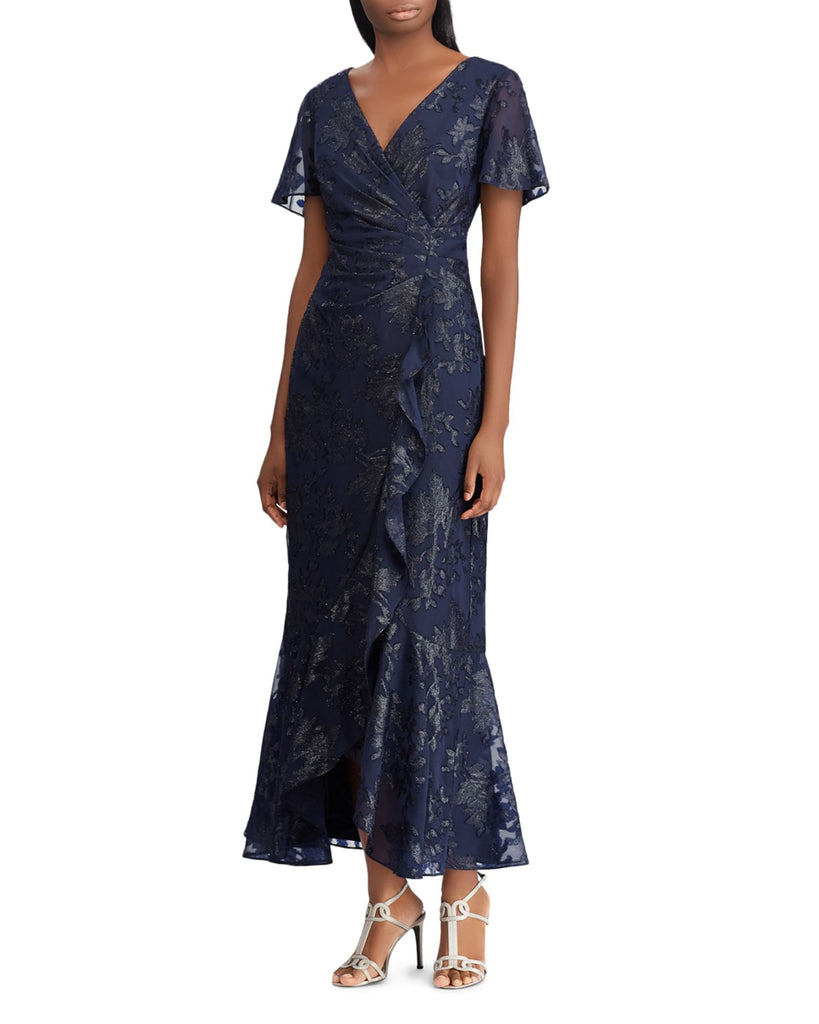 Lauren Ralph Lauren Women Jacquard Faux Wrap Gown Navy Metallic