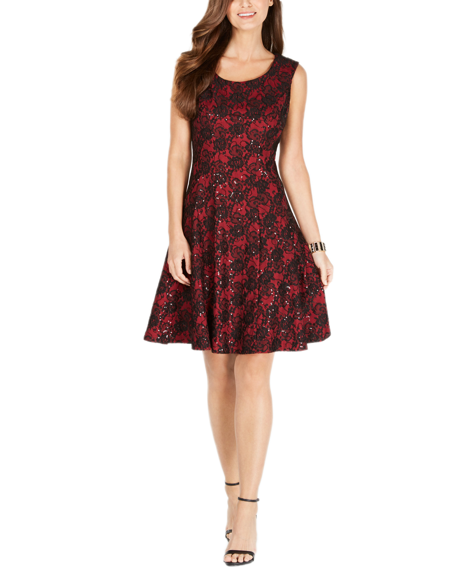 INC International Concepts Women Sequined Lace Fit & Flare Dress Ruby Red Multi