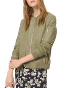 MICHAEL Michael Kors Women Leather Bomber Jacket Smoky Olive