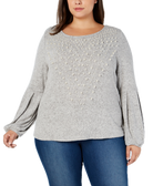 INC International Concepts Women Plus Pearl Embellished Puff Sleeve Sweater Heather Belle Grey