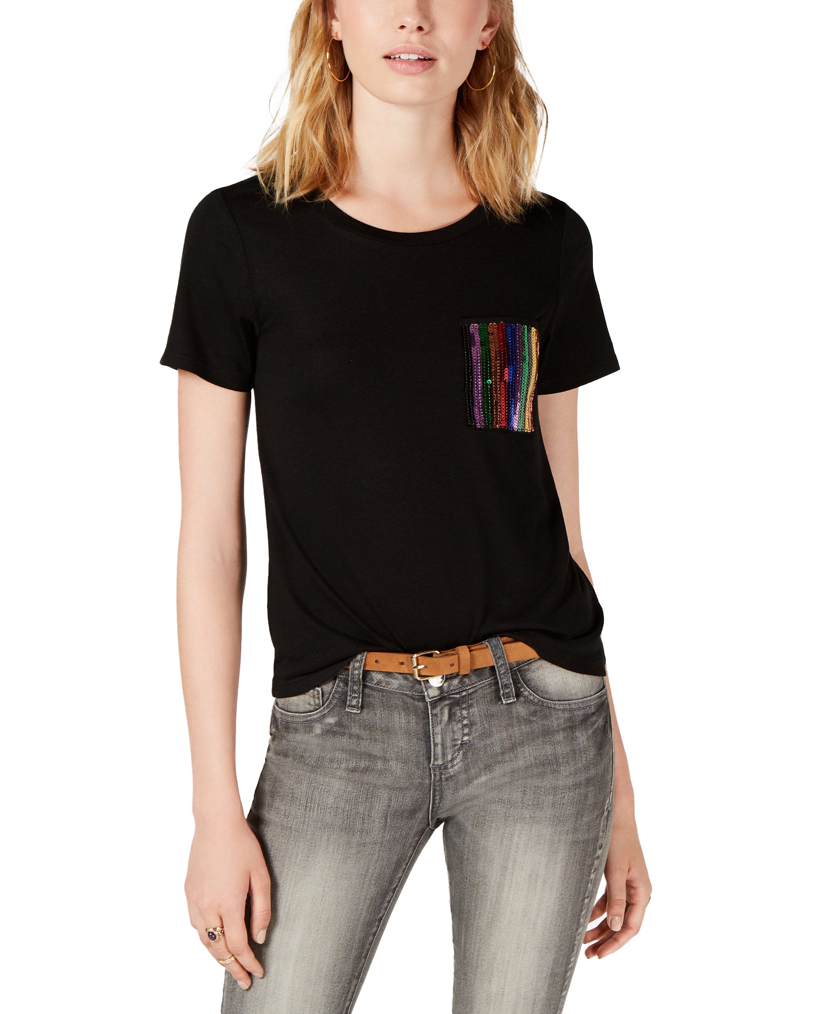 Crave Fame Imitation Pearl Pocket T Shirt Black