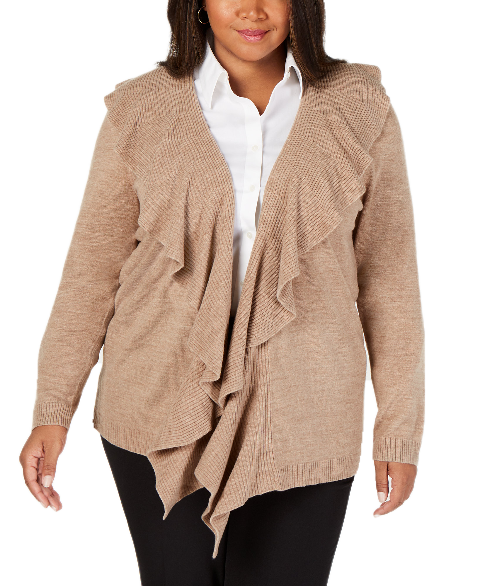 Karen Scott Women Plus Luxsoft Ruffled Cardigan Chestnut Heather