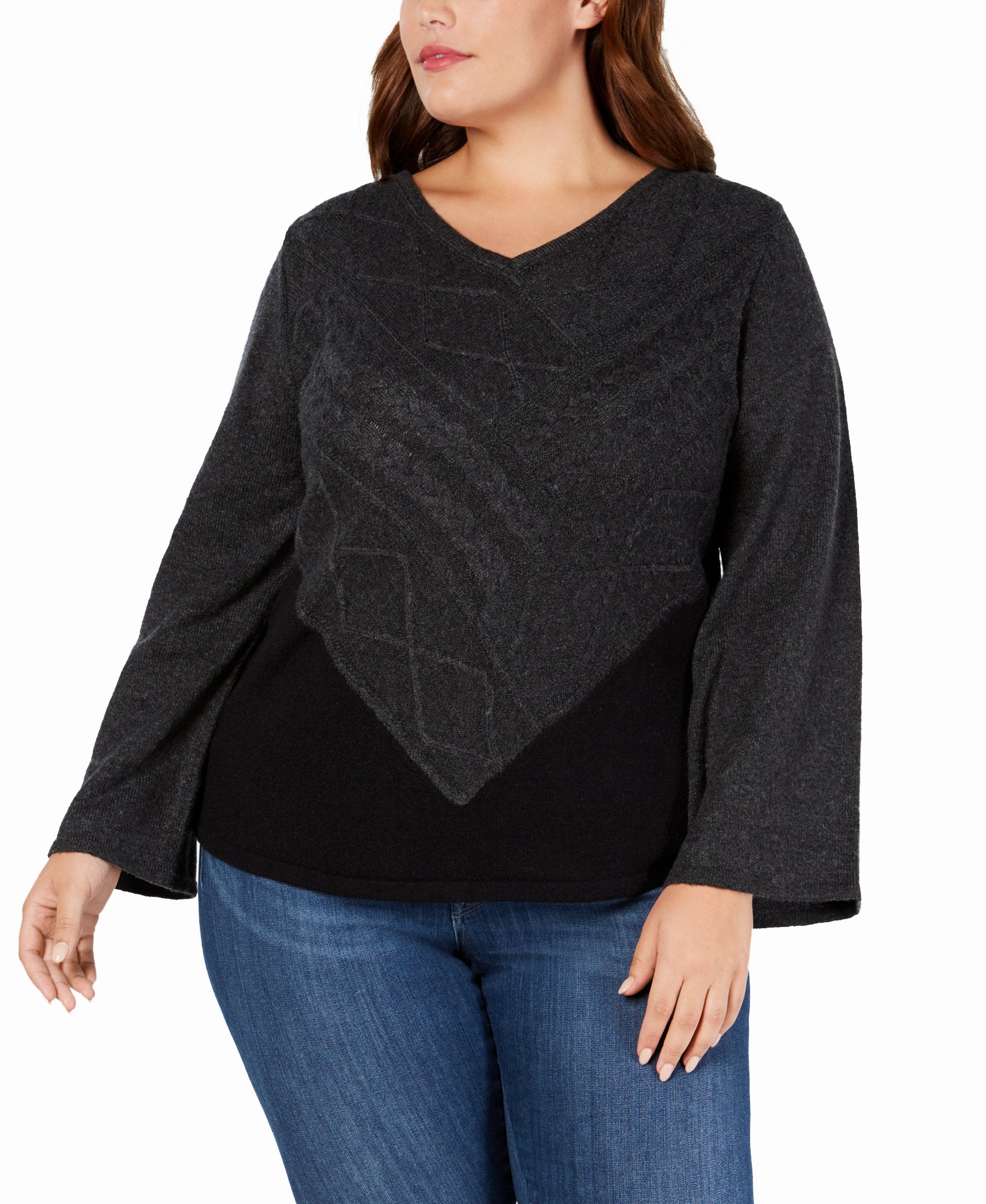 Style &amp; Co Women Plus V Neck Mixed Stitch Sweater Black Heather