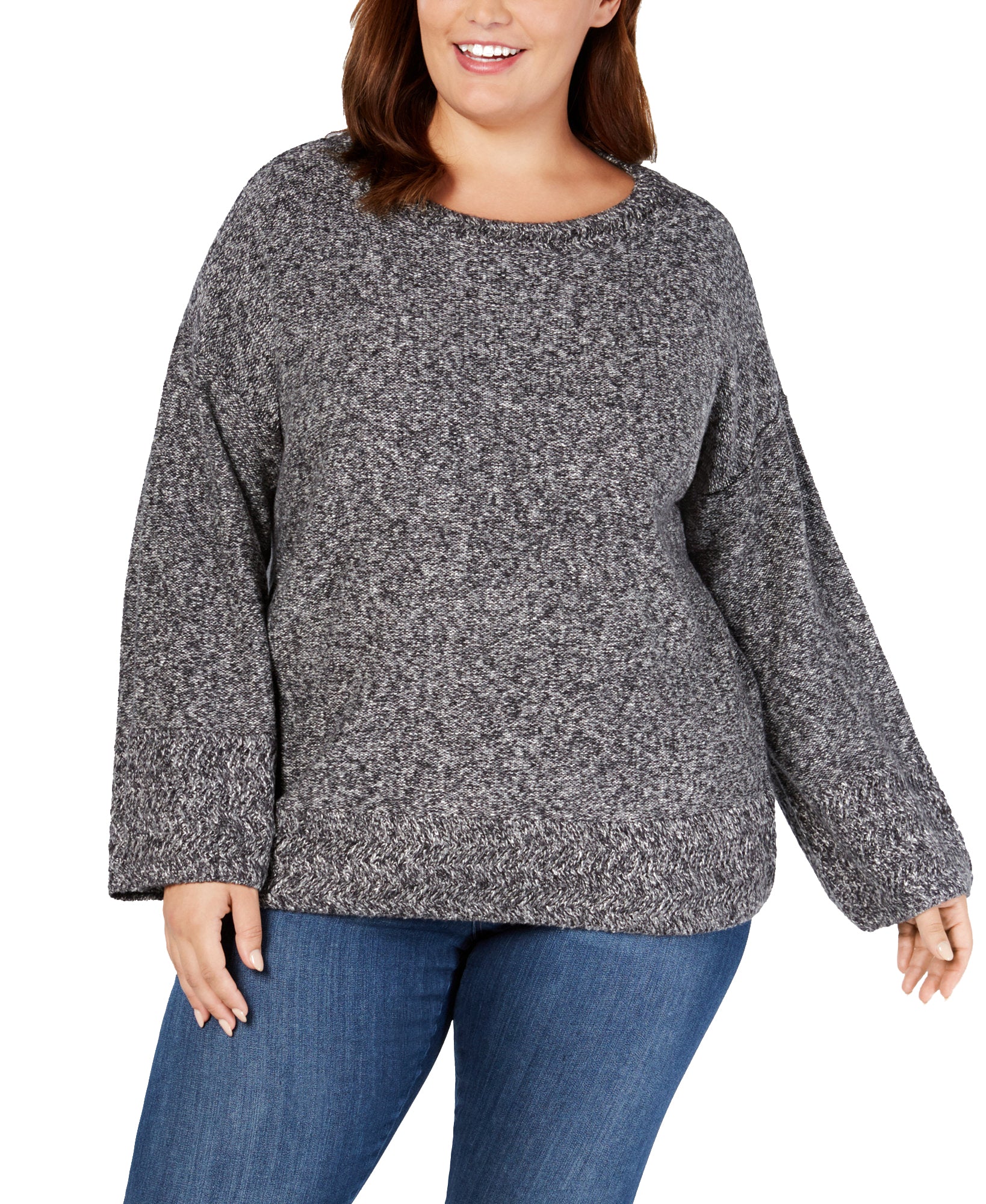 Style & Co Women Plus Relaxed Marled Sweater Blod Grey White