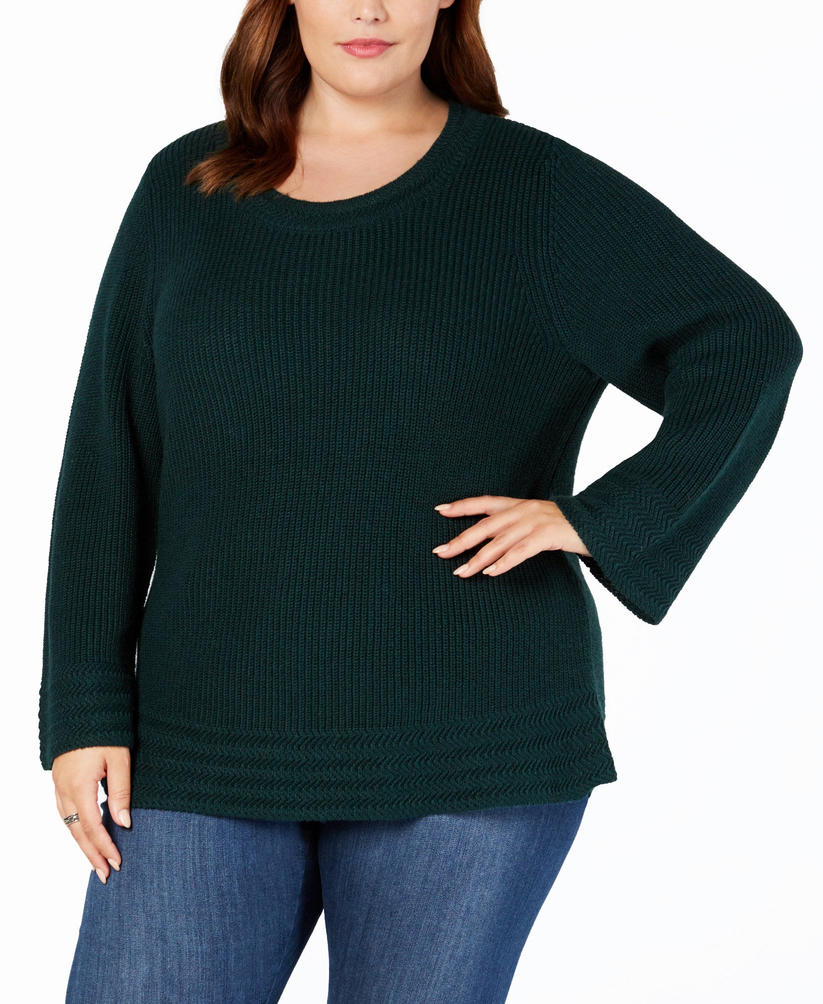 Style & Co Women Plus Lantern Sleeve Contrast Stitch Sweater Deep Pine