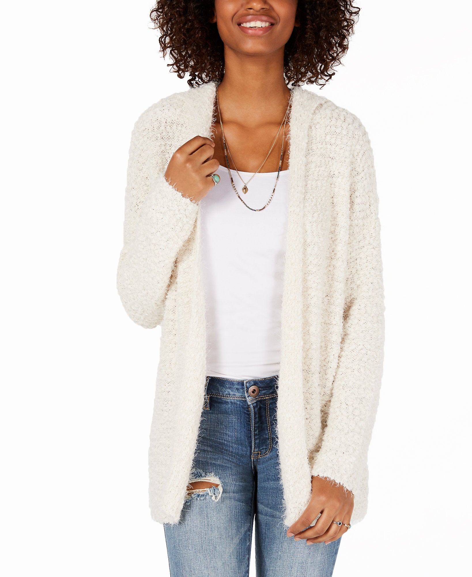 Say What? Open Front Hoodie Cardigan Sweater Cream
